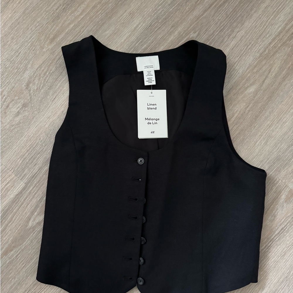 H&M Black Linen Blend Button-Up Vest